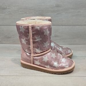 Ugg Australia big girl Pink Star Sequin Boots Sheepskin Shoes Sz 4